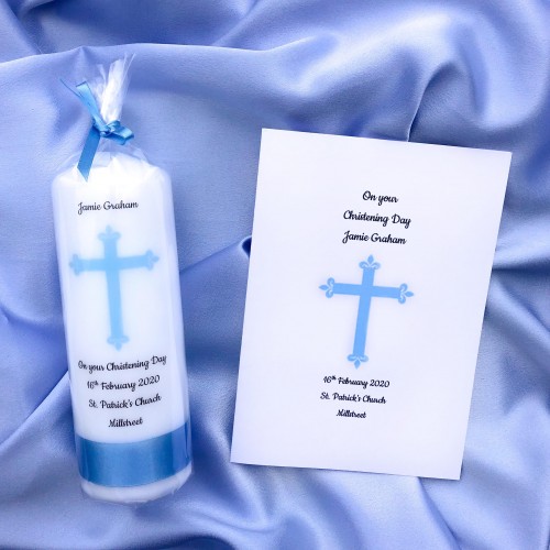 Fleur de lis blue christening candle and card set