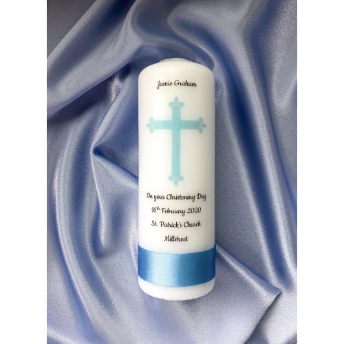 Fleur de lis blue christening candle