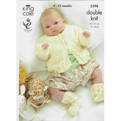 King Cole 3398 DK knitted dress cardigan & bootees