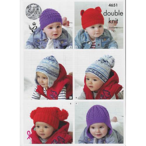 King Cole 4651 DK Hats in 6 different styles