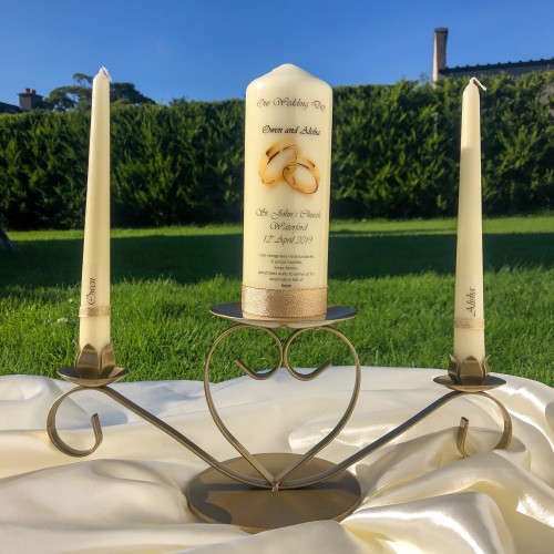 Gold wedding rings unity candle set 