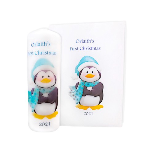 Baby's First Christmas Penguin candle and card set