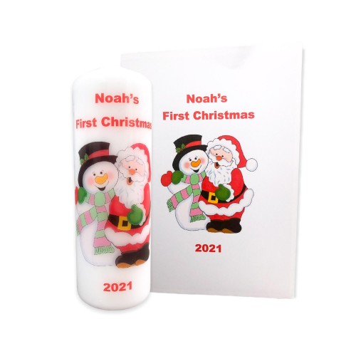 Baby's First Christmas Santa and Snowman candle and card set